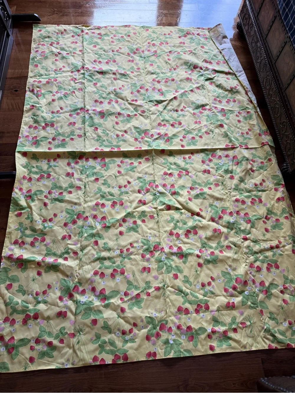 74” L X 52” W yellow with strawberries homemade tablecloth